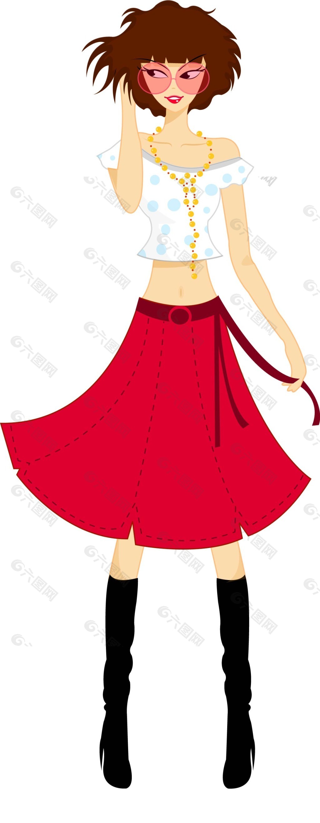 穿红色裙子戴墨镜的时尚女孩