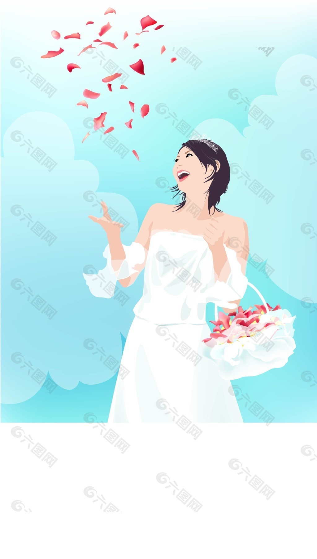 穿婚纱挎着花篮撒花的新娘