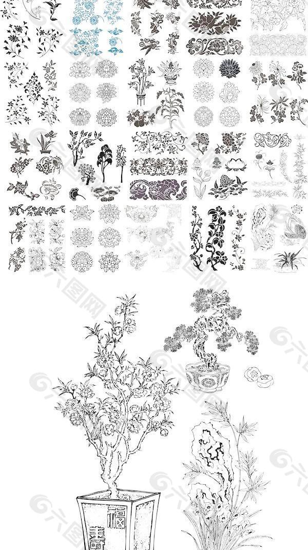 49种不同的CDR矢量模式；吉祥图案；传统模式；传统的纹理；中国风；载体；守道；盆景；经典；莲花；松
