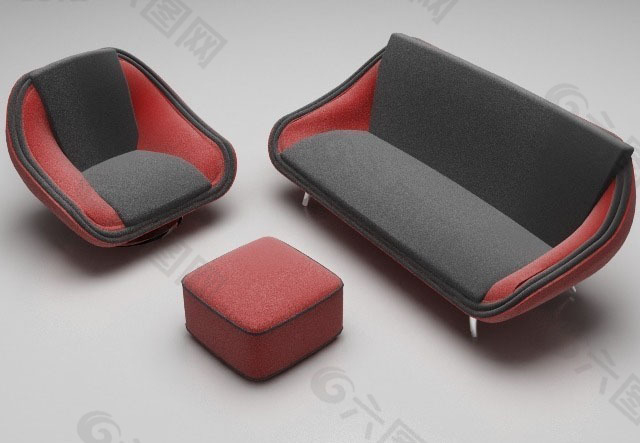 时尚红灰撞色沙发组合设计模型