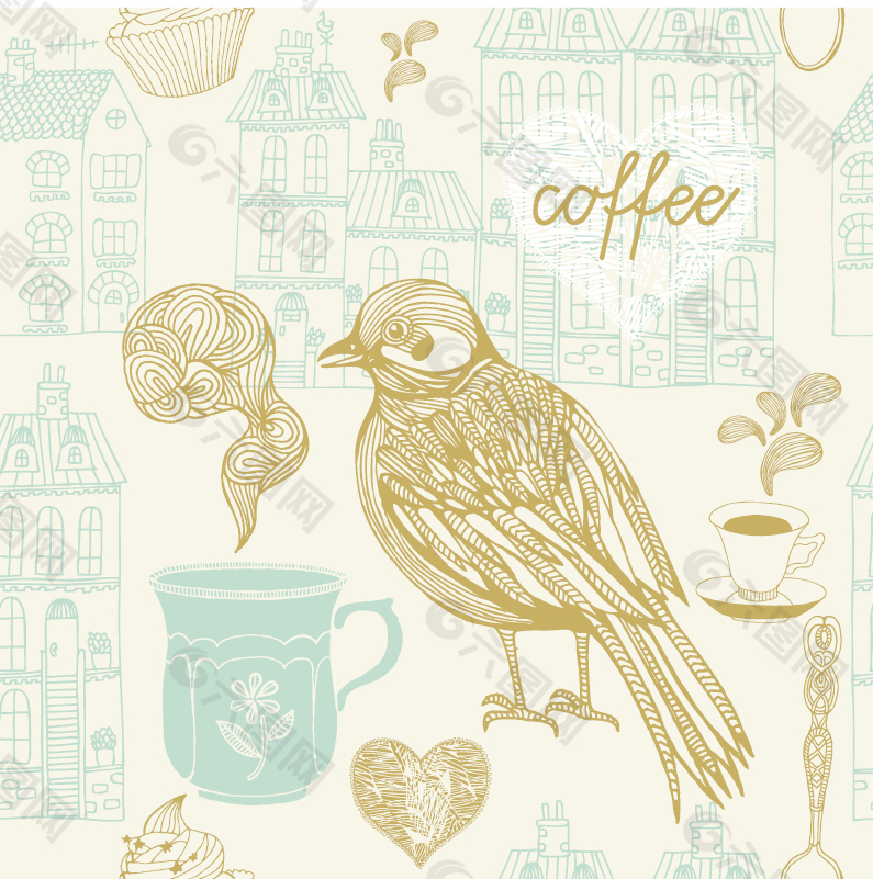 咖啡的鸟类和建筑