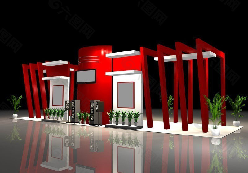 红色主题简约风格展厅设计效果图