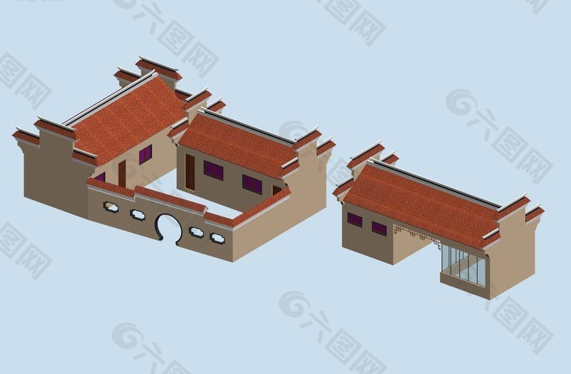 中国风古建红瓦小房子3D模型