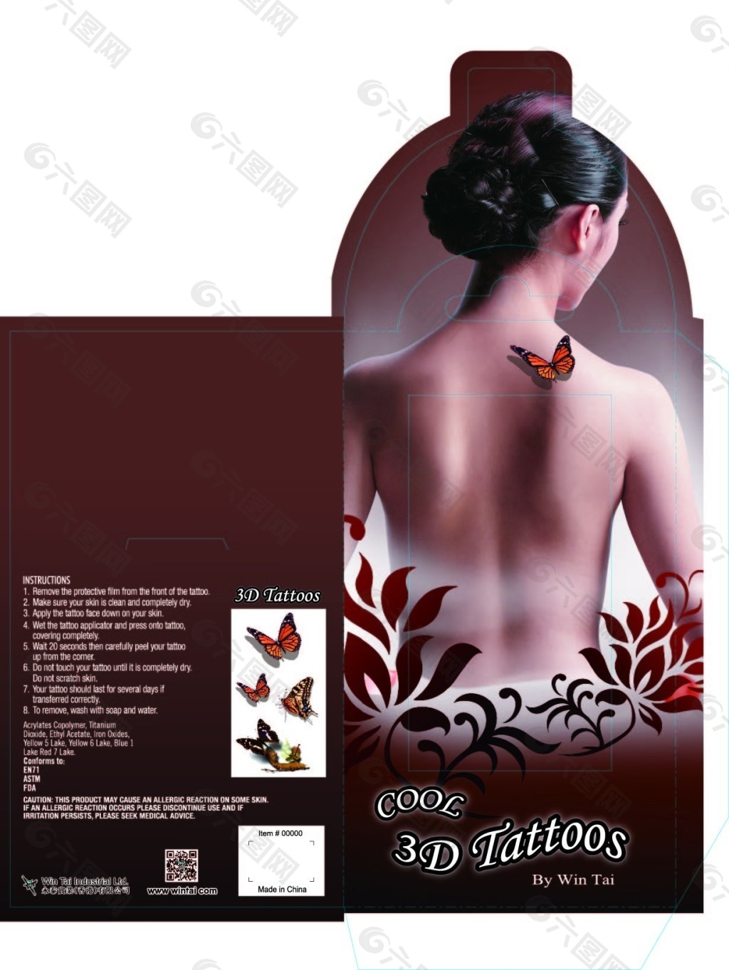 立体纹身贴纸包装，3D蝴蝶，人体背部纹身