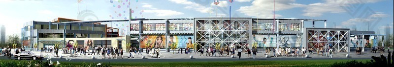 步行街商业中心建筑群3d日景效果图设计