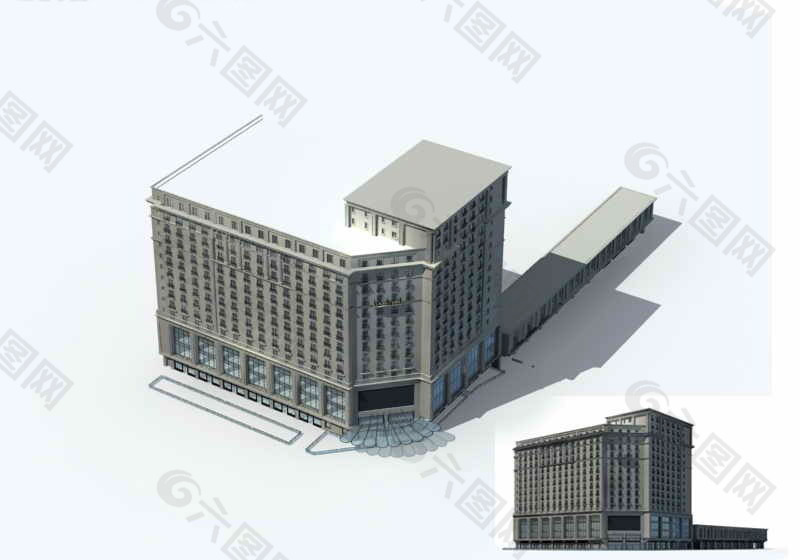 沿街欧式高层商业大厦建筑群3D模型