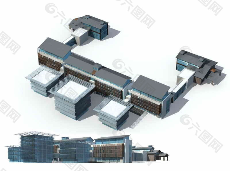 L型商业中心建筑群3D模型设计