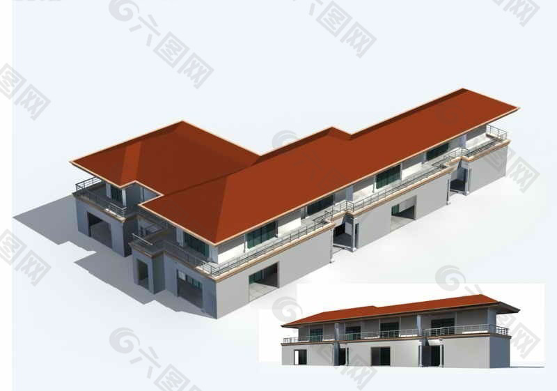 西式L型别墅建筑群3D模型设计