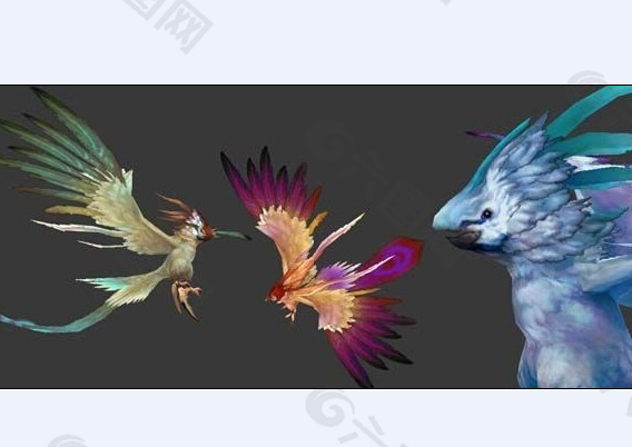 三只颜色不同的鸟模型