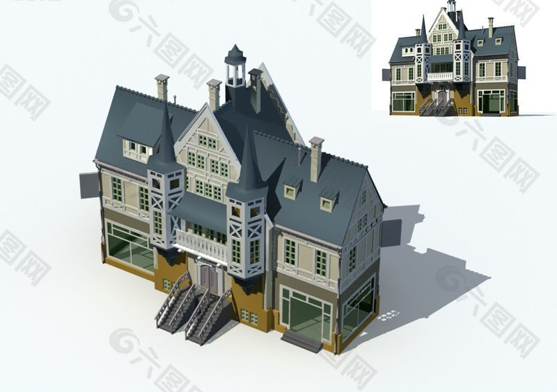 欧式古典尖顶别墅3D立体模型