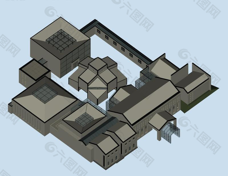 四合院式风格建筑3D模型图