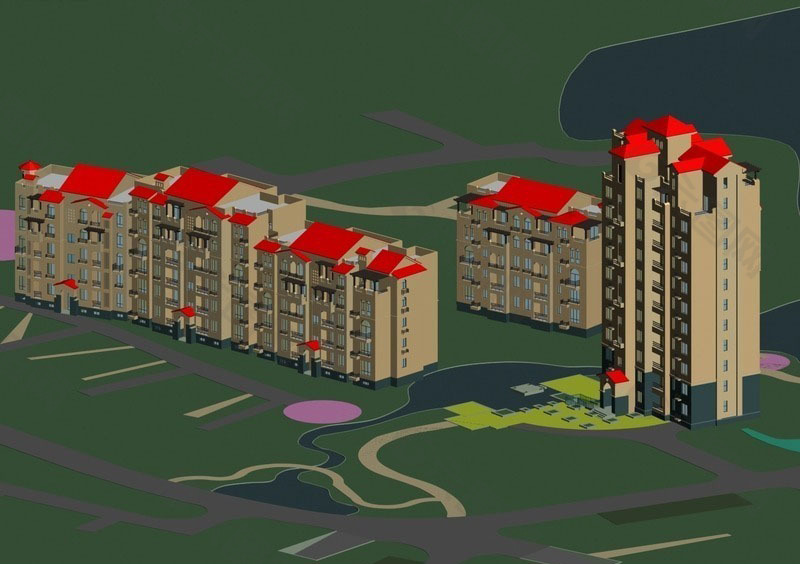 红坡顶多层多栋塔式住宅楼模型
