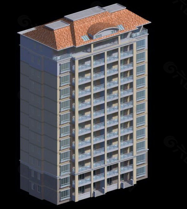 独栋坡顶十一层塔式住宅楼3D模型