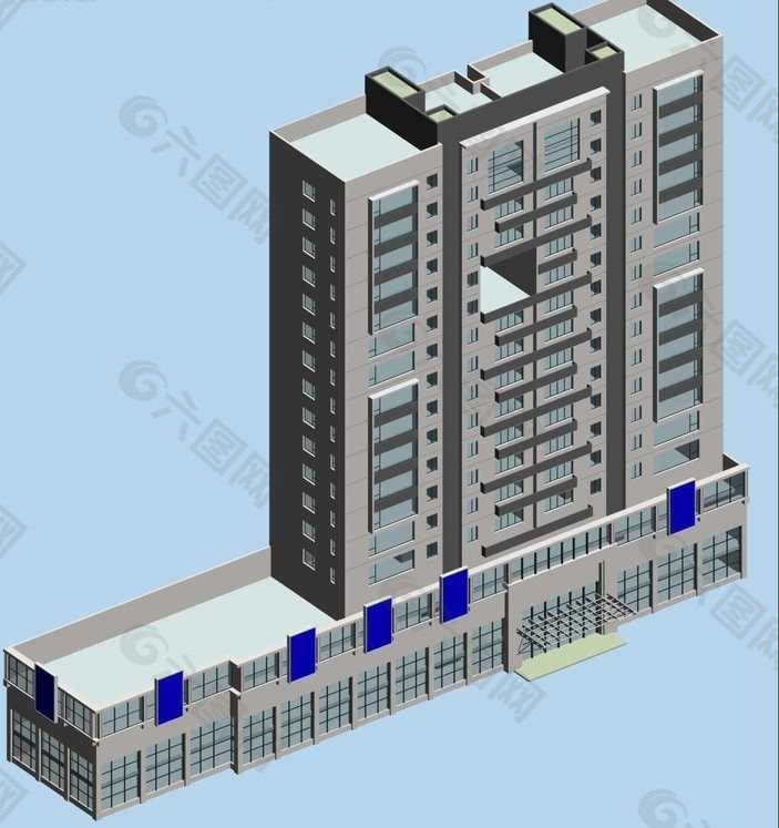 两层群房板式商住楼3D模型