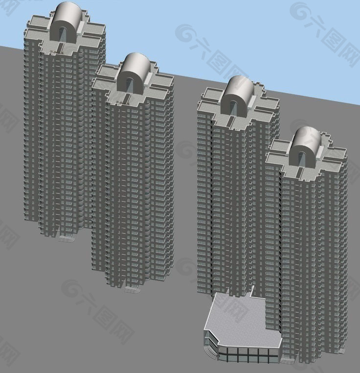 四栋高层塔式住宅楼群3D模型