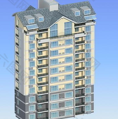 十层坡顶板式住宅楼模型
