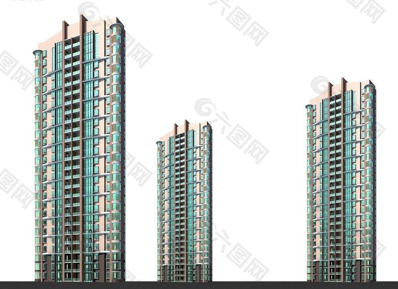 三栋现代高层板式住宅楼模型