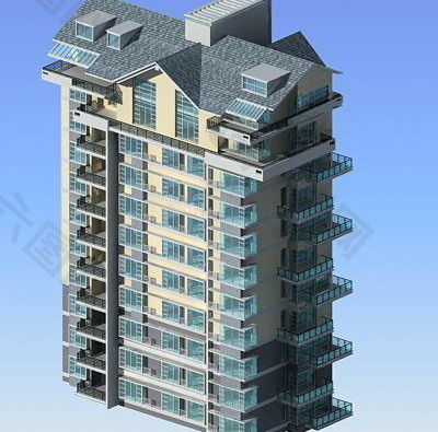 坡顶十层板式住宅楼模型