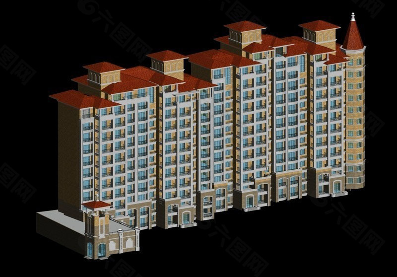 欧式联排高层板式住宅楼模型