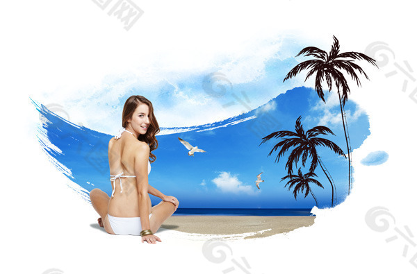 坐沙滩上的美女海报PSD素材