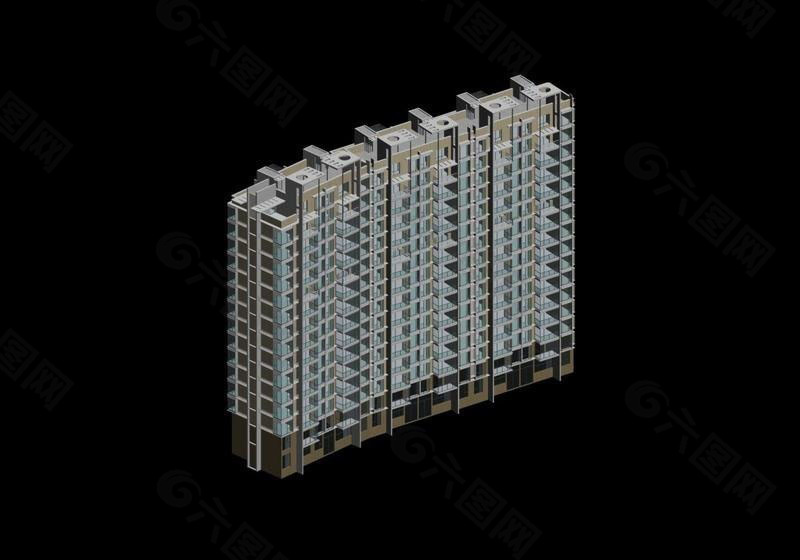 三联排高层板式住宅3D楼模型