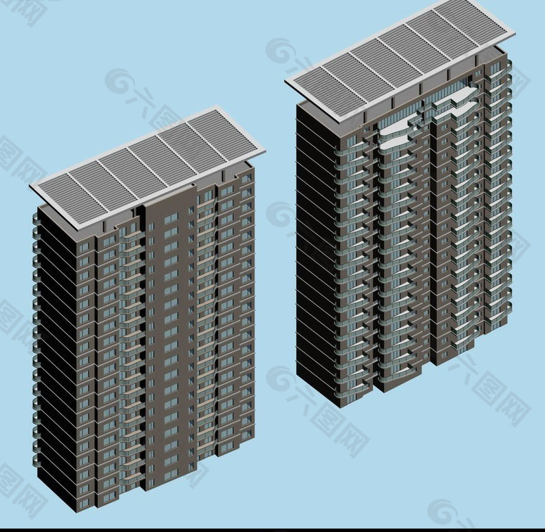 两栋太阳能顶板式住宅楼模型