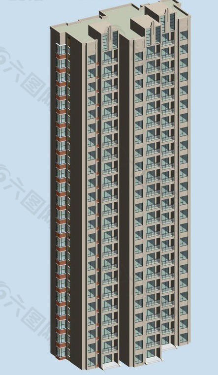 现代平顶高层塔式住宅楼3D模型