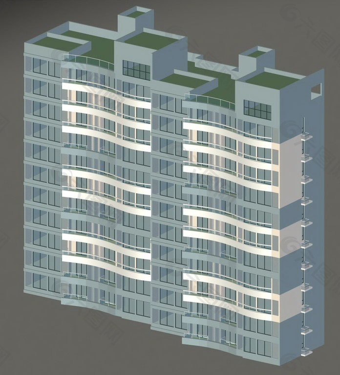 两联排曲面高层住宅楼建筑3D模型