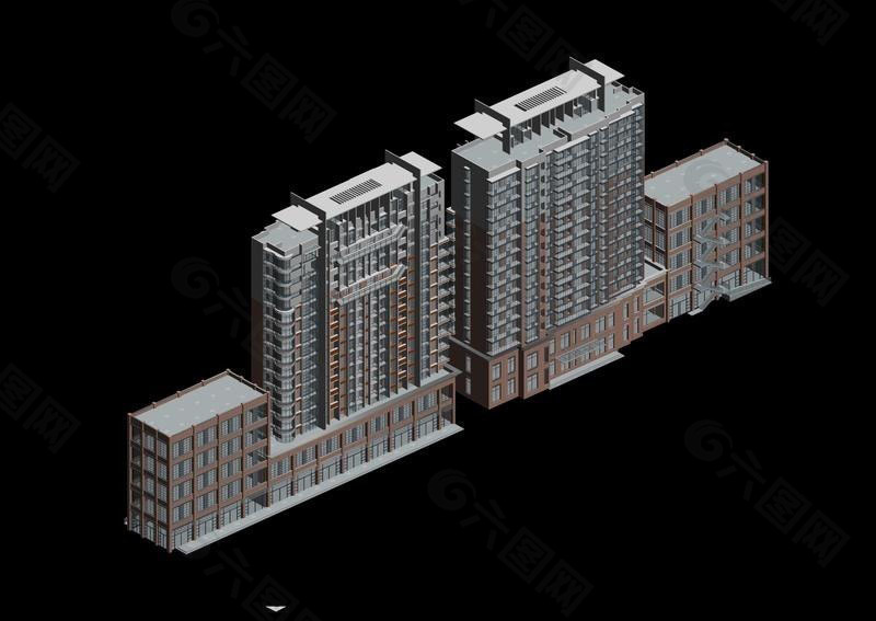 两栋并排高层临街商住楼建筑3D模型
