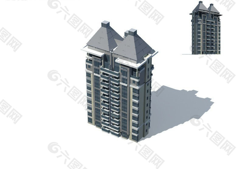 方锥顶多层塔式住宅楼建筑3D模型