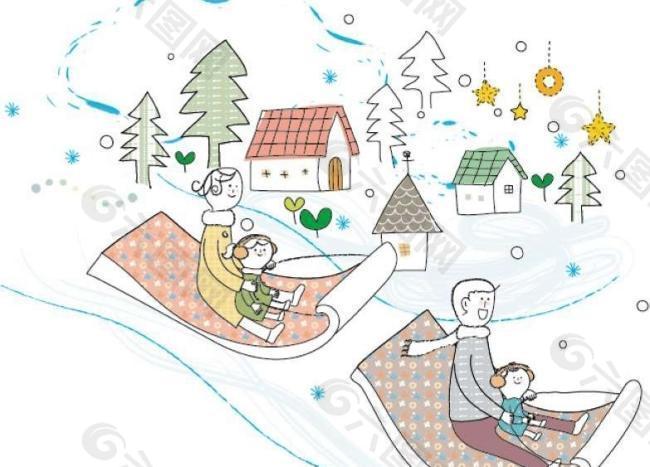 冬季滑雪的家庭插画