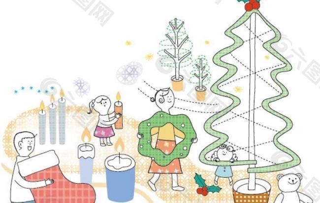 圣诞树和孩子插画