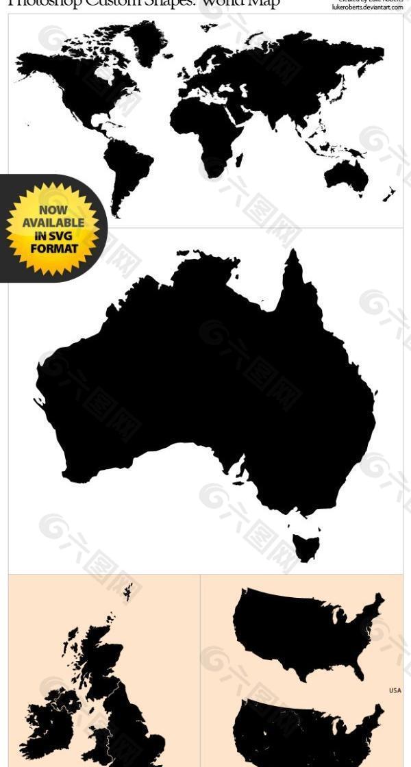 世界地图 美国 澳大利亚 英国PS自定义形状