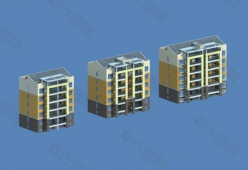 斜顶五层底层住宅建筑3D模型