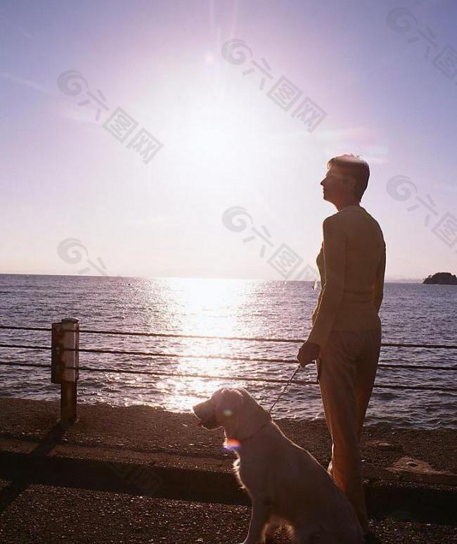 海边夕阳下妇人和狗图片