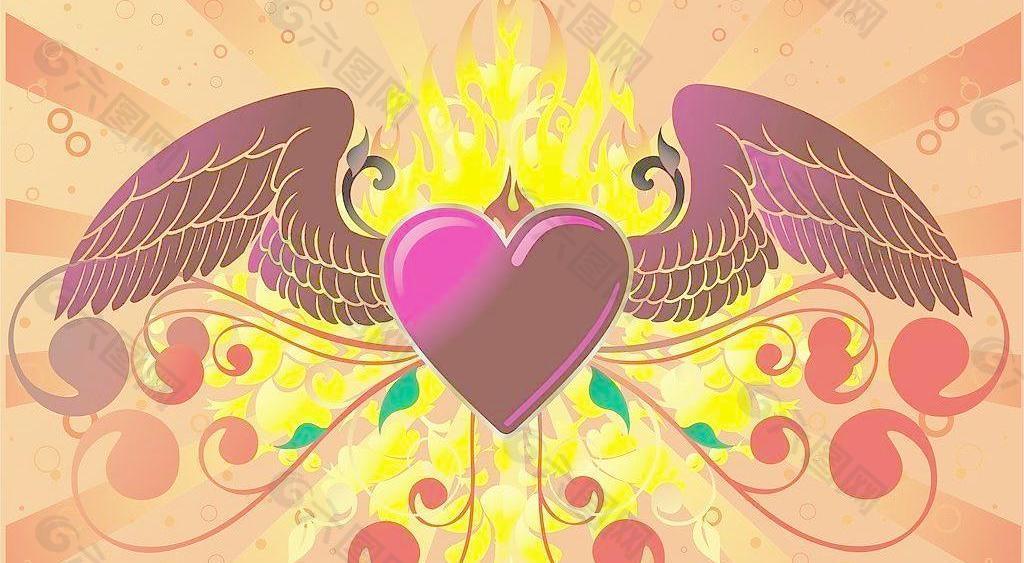 火焰翅膀爱心矢量素材图片