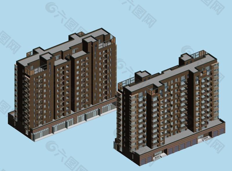 褐色外观高层住宅建筑3D模型