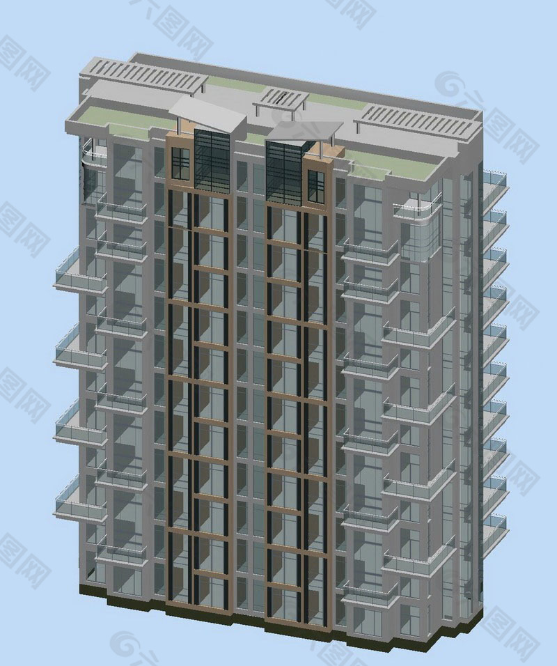 几何形楼顶高层住宅建筑3D模型