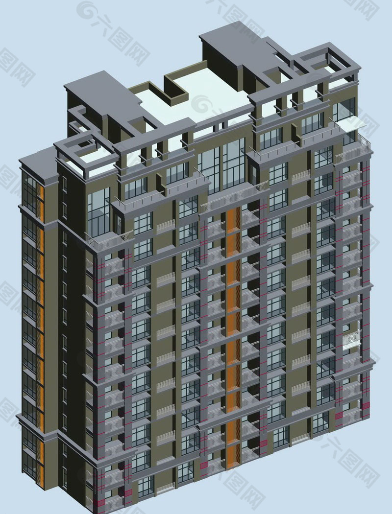 几何形屋顶高层住宅建筑3D模型