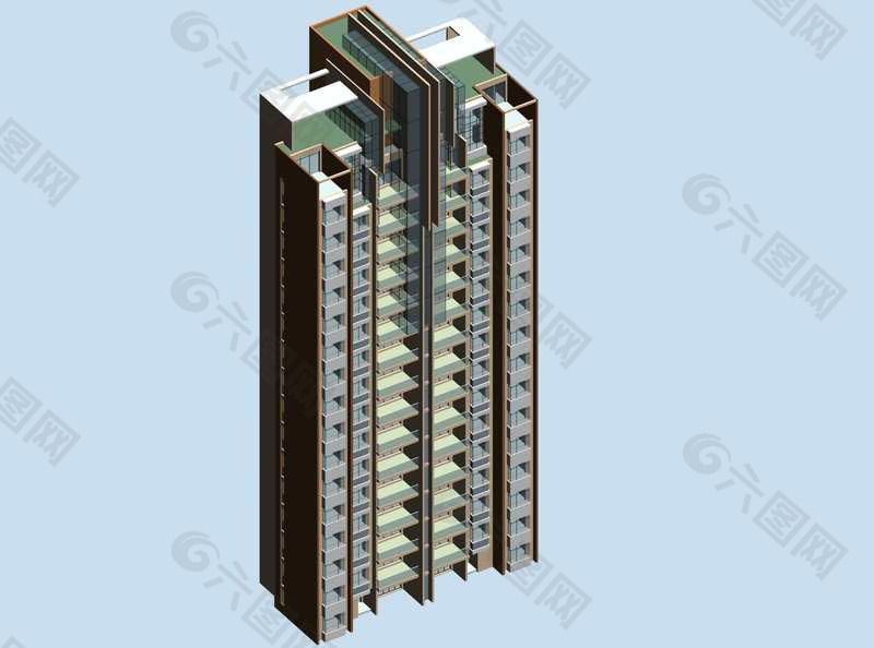 十字形楼顶高层住宅建筑3D模型