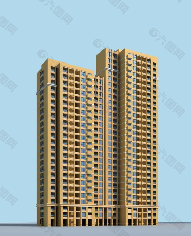 土黄色外观高层住宅建筑3D模型