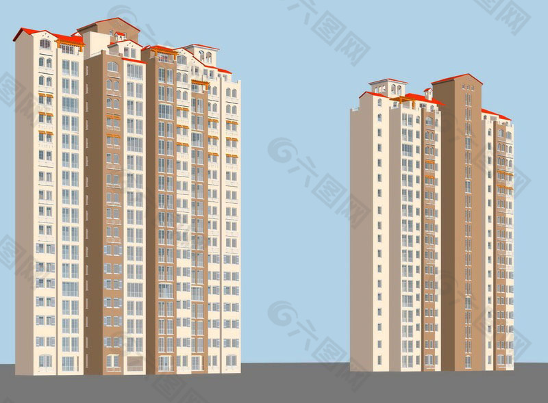 红坡顶高层住宅建筑3D模型