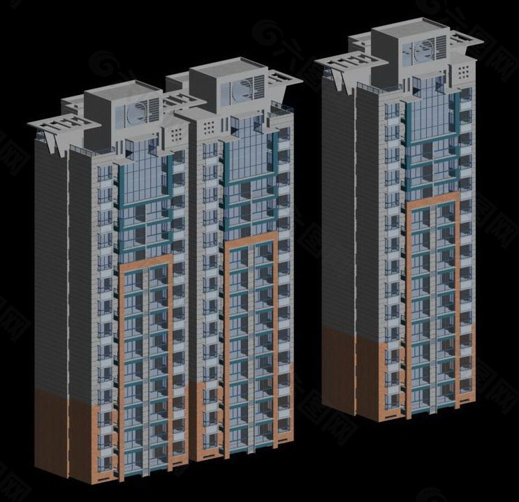 几何形屋顶3D高层住宅建筑模型
