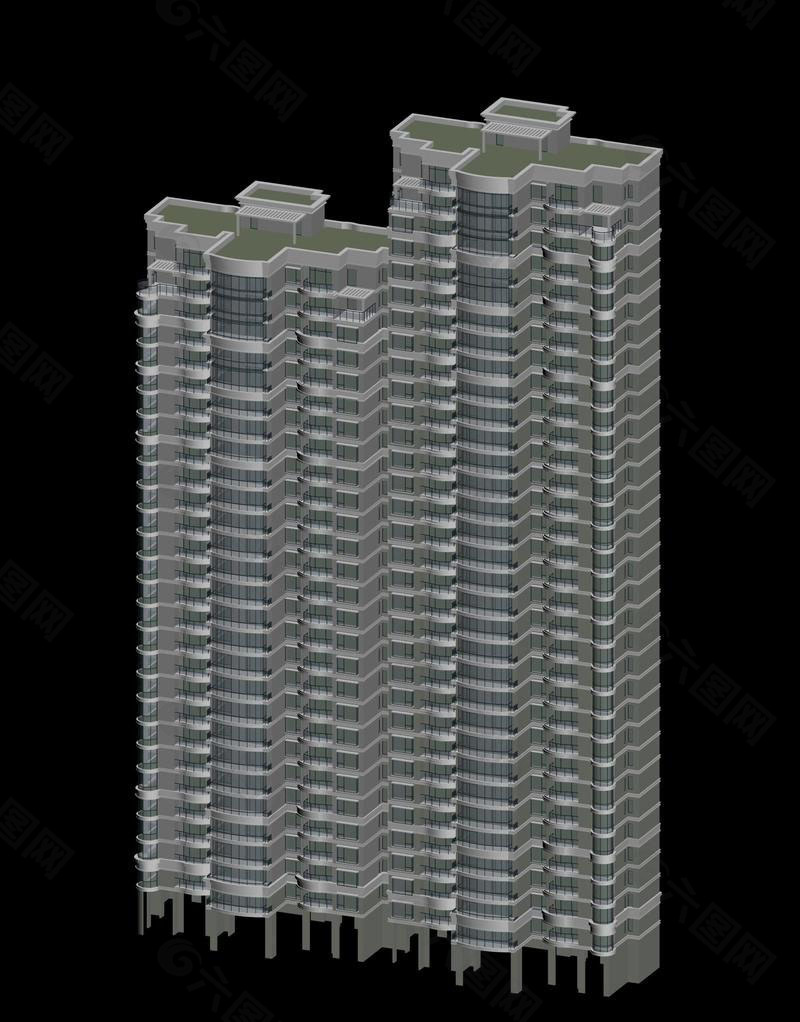 几何形屋顶高层住宅建筑3D模型