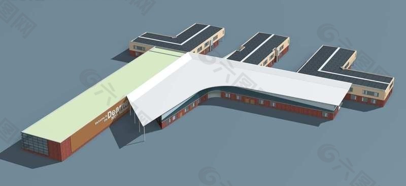 L型学校教学楼3D模型设计