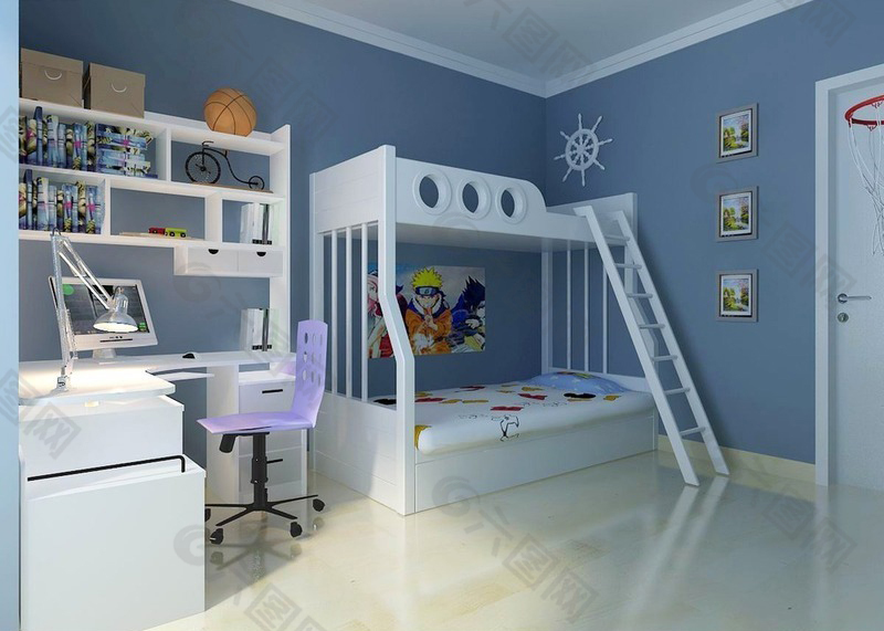 现代蓝色调儿童卧室效果