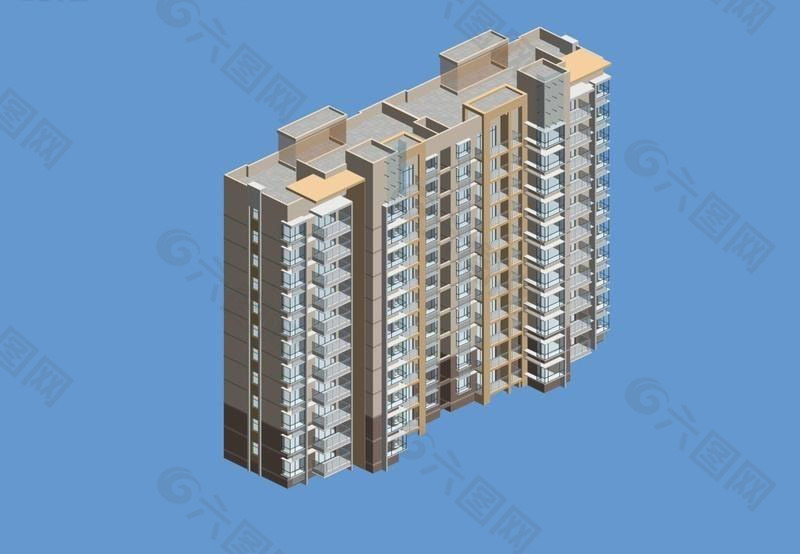二联排十一层板式住宅楼模型