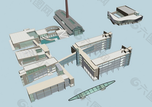 创意学校建筑群鸟瞰3D模型