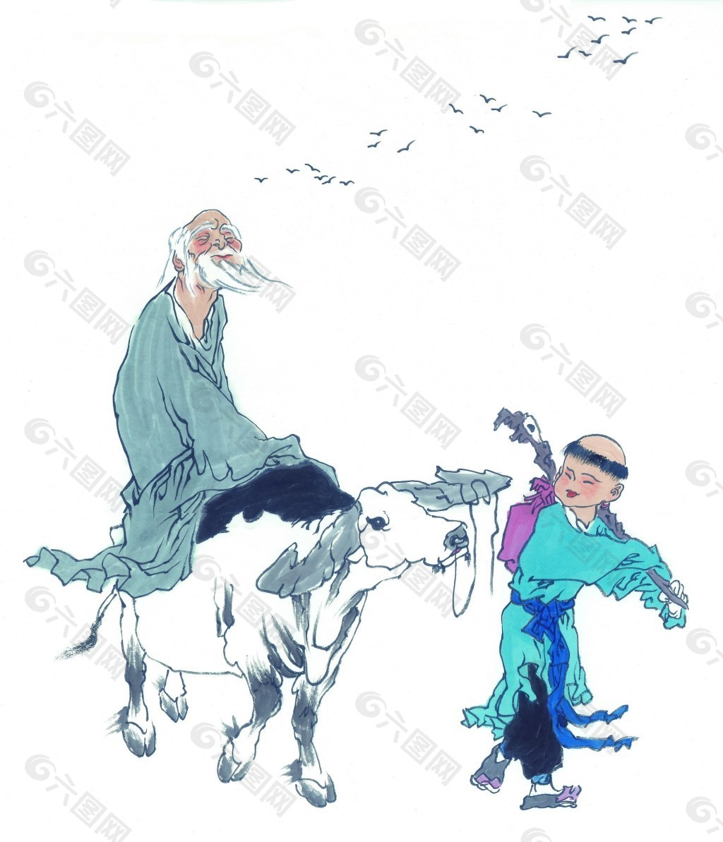老人与牛绘画图