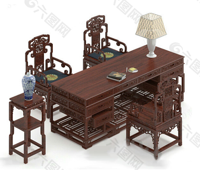中式古典风格书桌椅模型